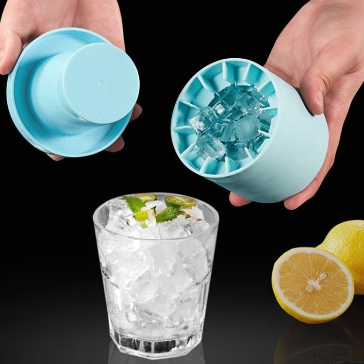 Blue silicone ice cube cup mold tipped to release cubed ice