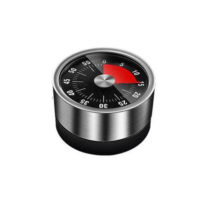 Mechanical kitchen timer with brushed steel body and red indicator dial
