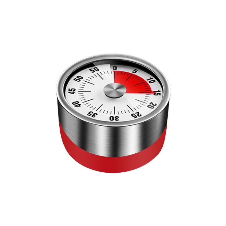 Mechanical kitchen timer with brushed steel body and red stripe around the case
