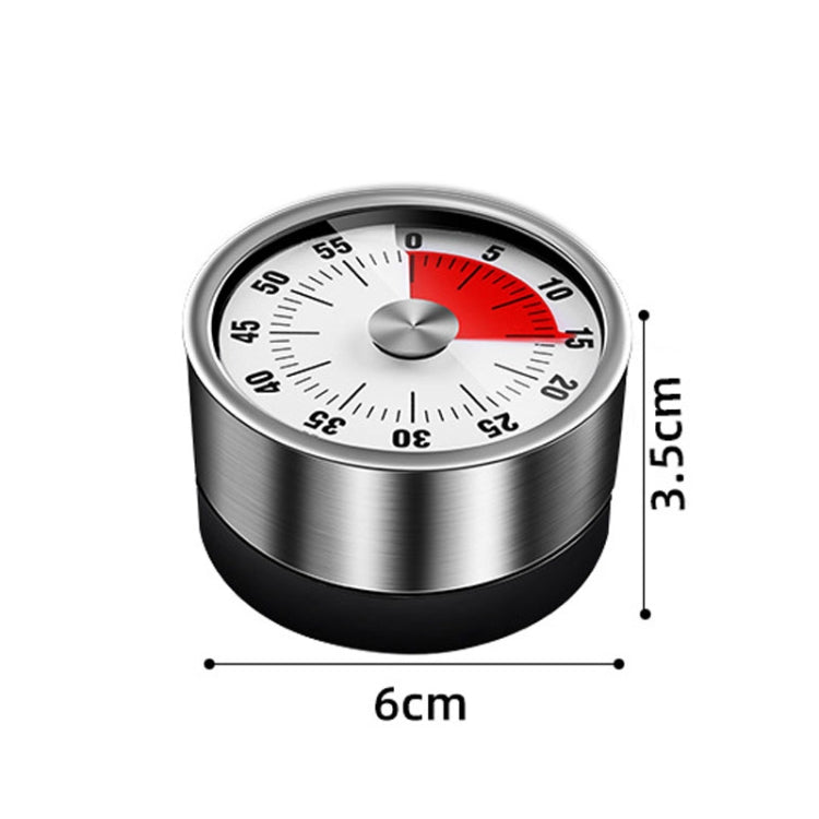 Compact mechanical kitchen timer with brushed steel case, red dial, 6cm size