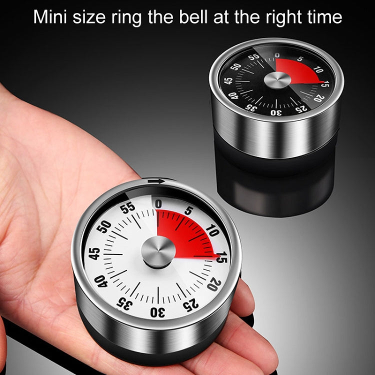 Handheld mechanical kitchen timer with brushed steel case and red dial segment