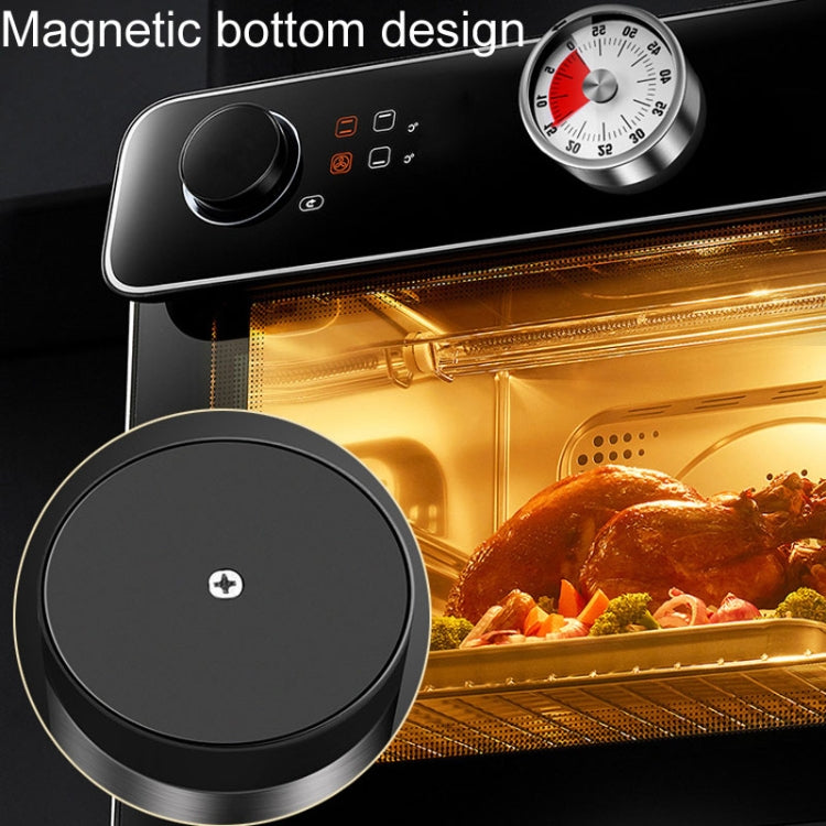 Stainless steel magnetic kitchen timer with black underside and circular dial