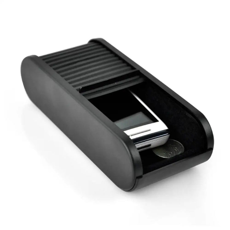 Car storage box with ridged tray and pull-out compartment, including a coin slot