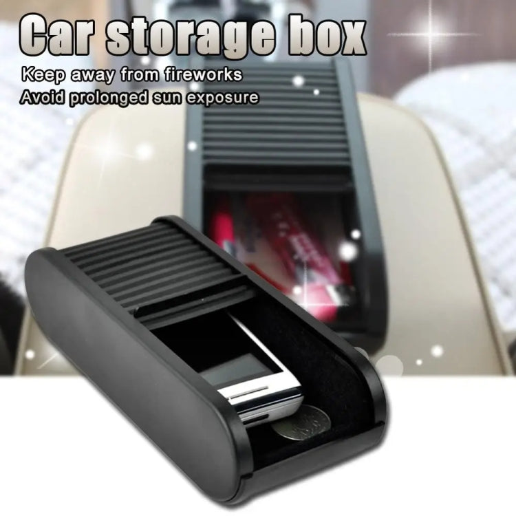 Car storage box with ridged top and pull-out compartment for small items