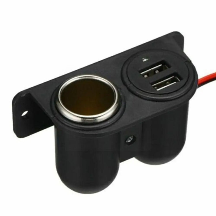 Black dual USB car charger with cigarette lighter-style socket and red wire