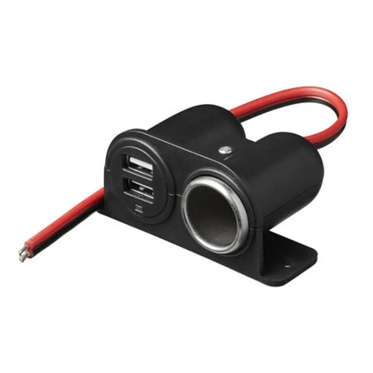 Black dual USB car charger with mounting bracket, metal cup, and red power leads