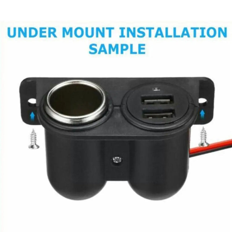 Black under-mount dual USB car charger with cigarette lighter socket and screws