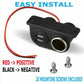 Black dual USB car charger with metal cup, mounting screws, and red/black wires