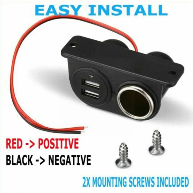 Black dual USB car charger with metal cup, mounting screws, and red/black wires