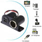 Black dual USB car charger with cigarette lighter-style socket and red wire