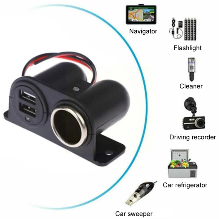 Black dual USB car charger with cigarette lighter-style socket and red wire