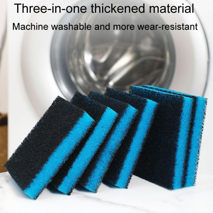 Stacked washing machine cleaning pads, dark foam with blue stripe bands.