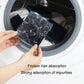 Washing machine hair remover pad with linty debris, dark foam and blue edges.