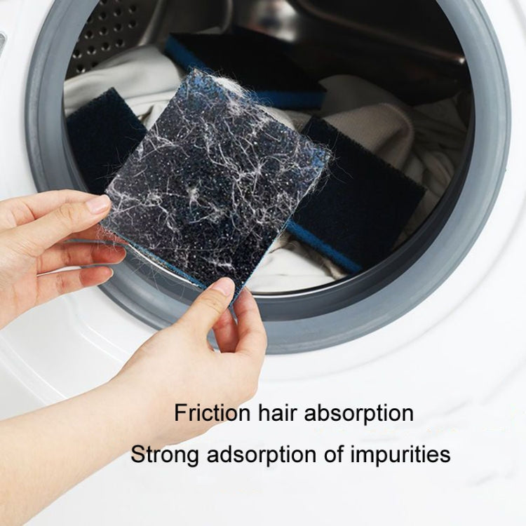 Washing machine hair remover pad with linty debris, dark foam and blue edges.