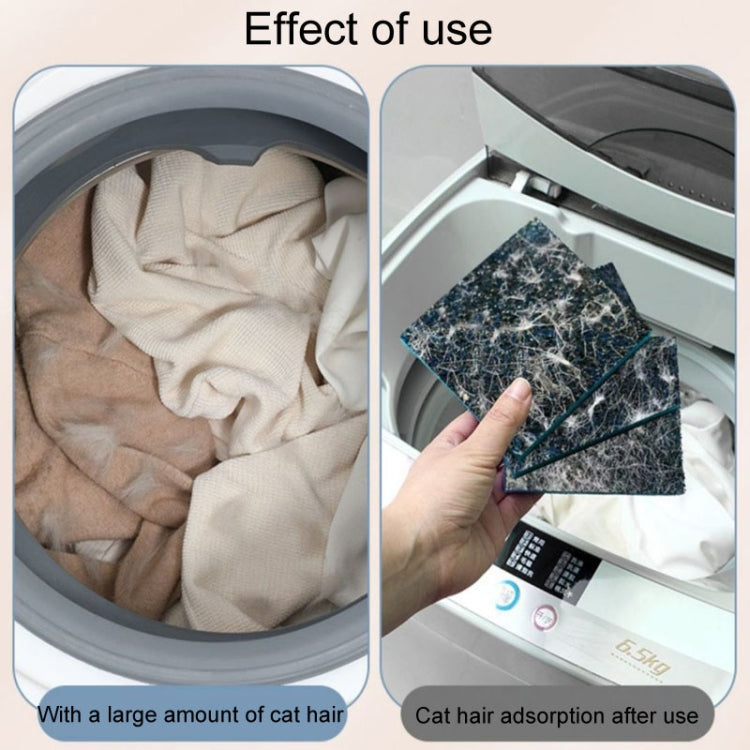 Used washing machine hair remover pad showing captured hair and debris on fuzzy foam.