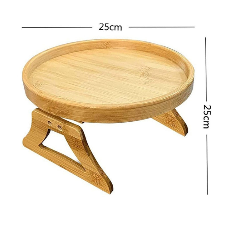 Round pine wood tray with cutout foldable legs, product dimensions shown.