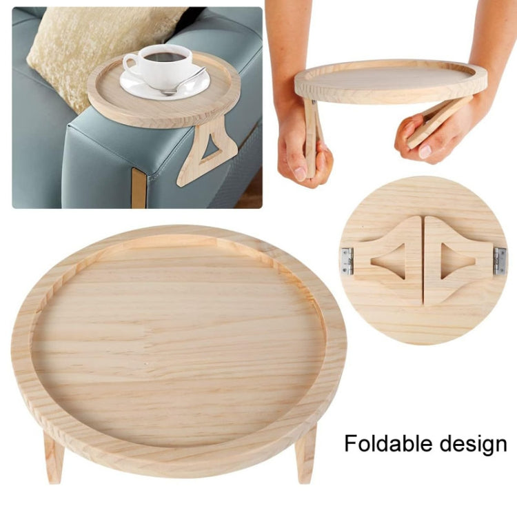 Round wooden folding tray with foldable legs and a compact storage design.