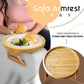Round pine wood sofa tray on foldable legs holding a cup and plate.
