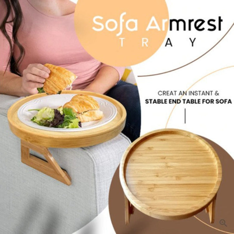 Round pine wood sofa tray on foldable legs holding a cup and plate.