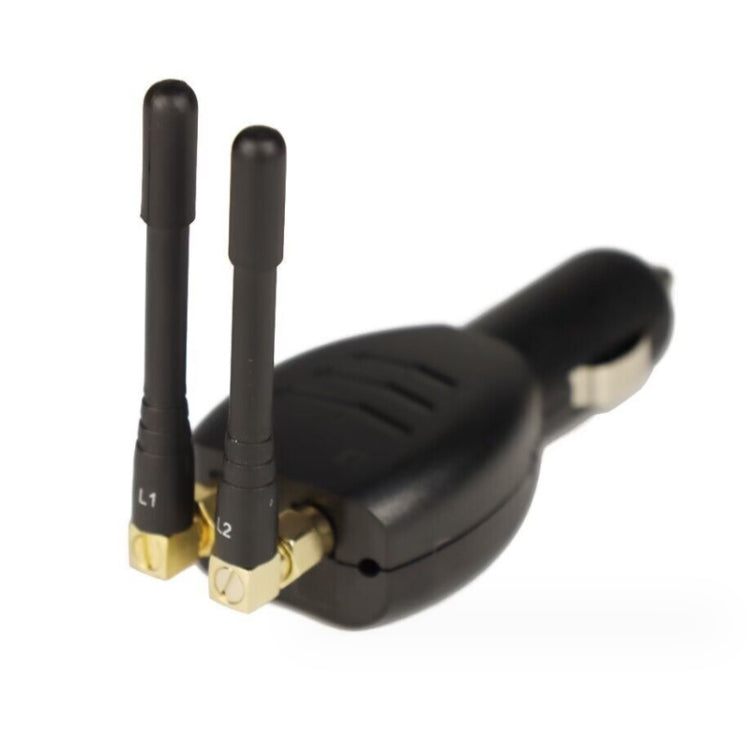 Car jammer adapter with two long antenna prongs and gold connector terminals