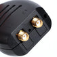 Close-up of black connector panel with two gold RF sockets and mounting holes