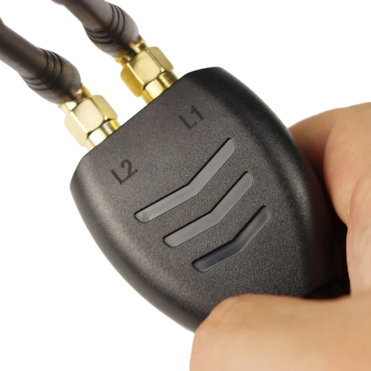Close-up of black adapter label showing L1 and 12 with gold connectors