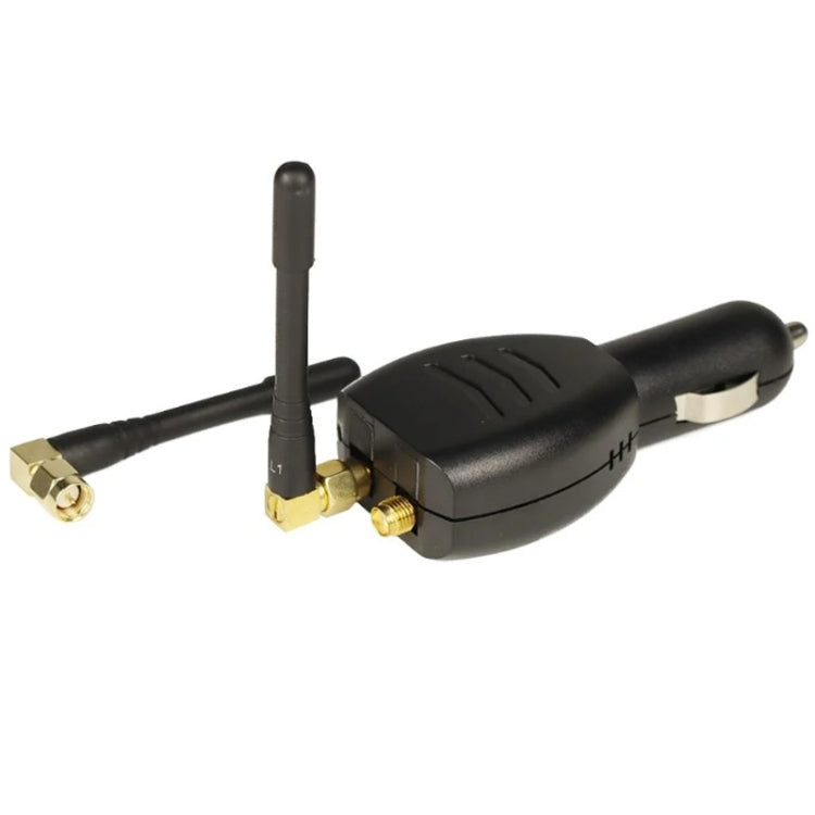 Car cigarette lighter jammer adapter with dual antennas, side plug, and gold terminals