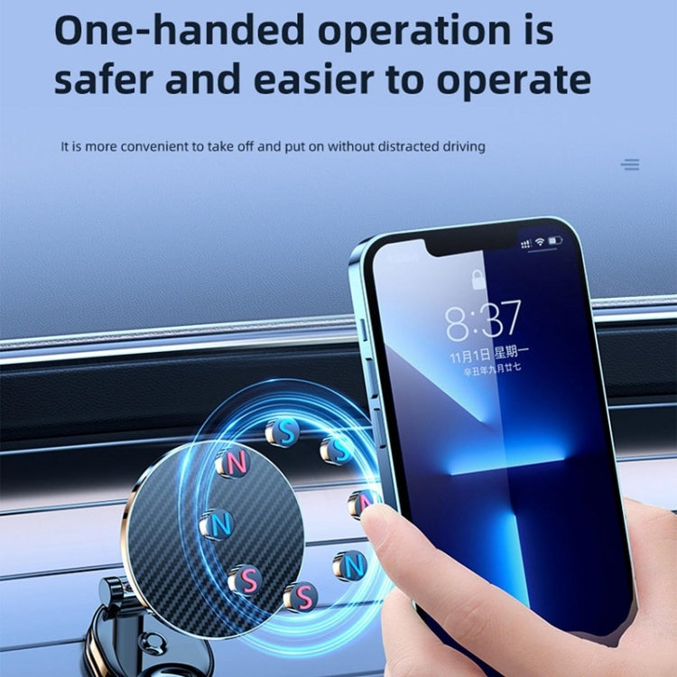 Magnetic car phone holder securing a phone near the dashboard
