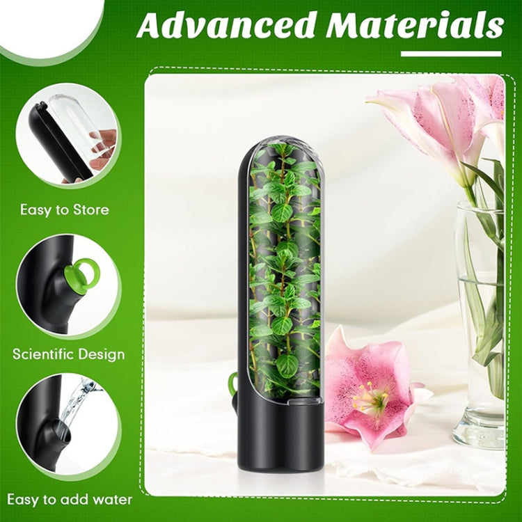 Black herb storage pod with clear cover, shown with greenery inside