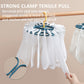 Blue sock hanger with 20 clips and yellow hook, holding white socks