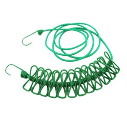 Green retractable clothesline with wire clips and coiled cord, 12 clothespins included
