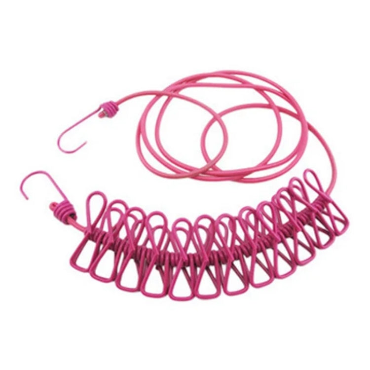 Pink retractable clothesline with wire clips and coiled cord, 12 clothespins included