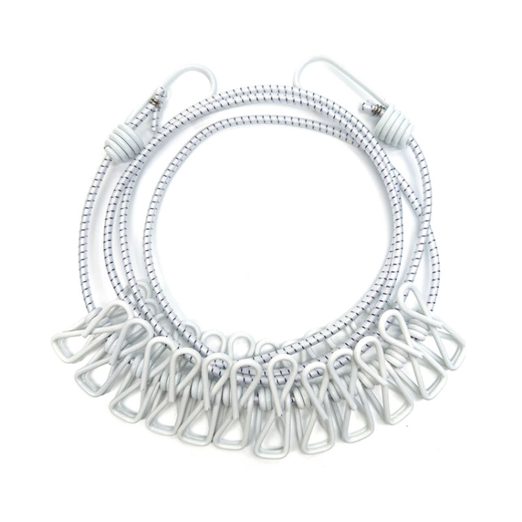 White retractable clothesline with wire clips and coiled cord, 12 clothespins included
