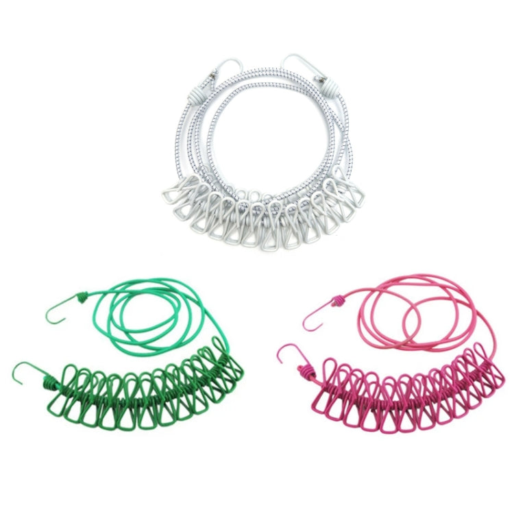 Retractable clothesline set in white plus green and pink, each with 12 wire clips