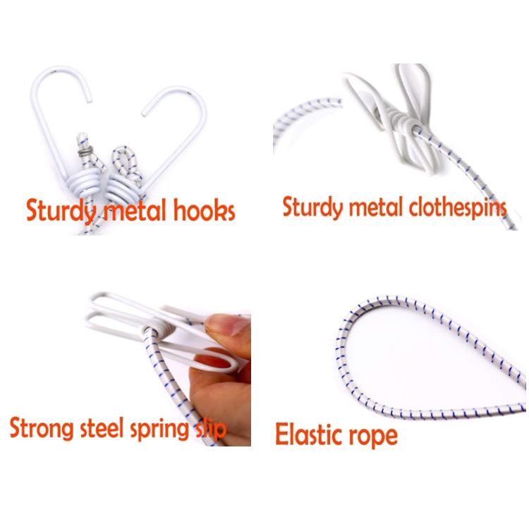 Retractable clothesline hardware: metal hooks, clothespins, spring clip, and elastic rope