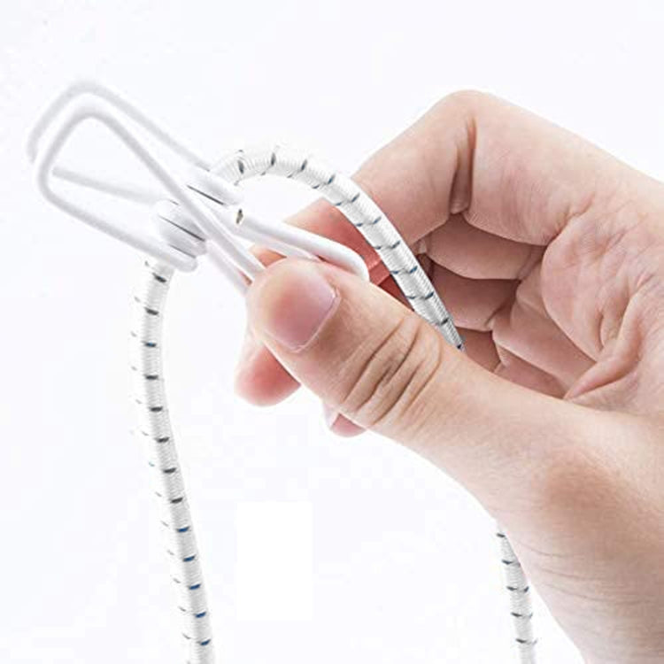 White retractable clothesline with metal hook and hand-held cord with coiled clips