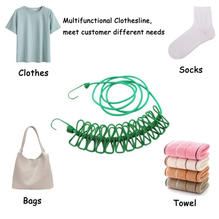 Green retractable clothesline with wire clips and coiled cord, shown ready for laundry