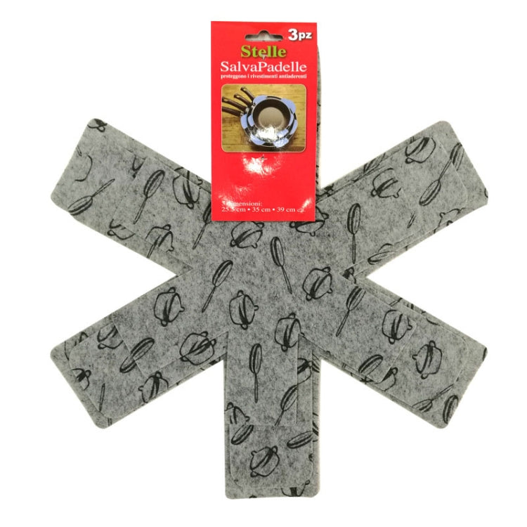 Set of gray non-woven pot bottom heat insulation pads with kettle icon pattern, 3-piece