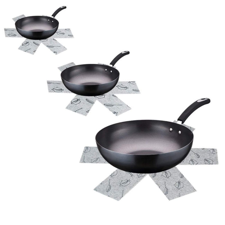 Gray felt pot protector pads with kettle icon pattern under a black frying pan