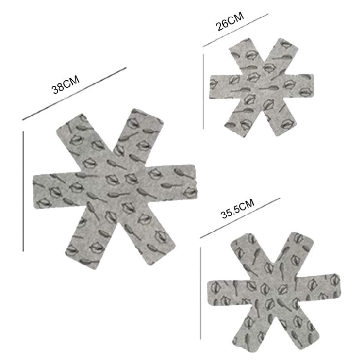 Three gray felt pot bottom pads with kettle icon pattern, sizes 26/35.5/38 cm marked