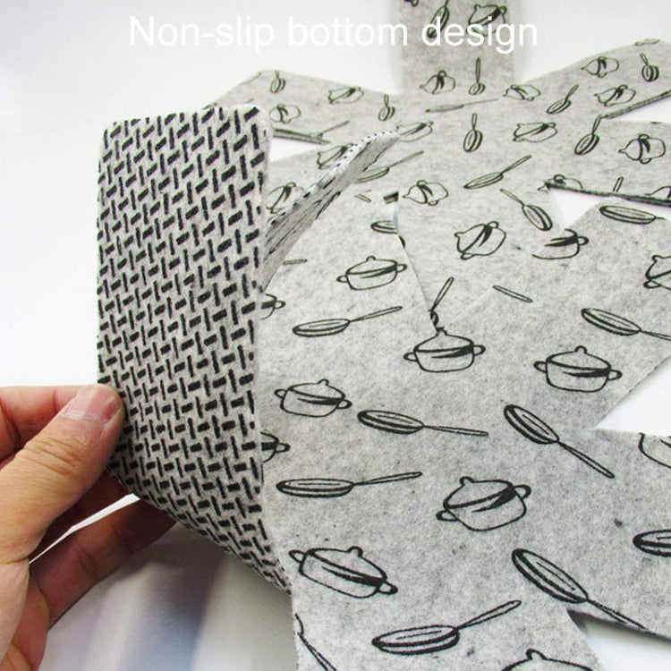 Gray felt pot mats with kettle icons and textured non-slip underside close-up