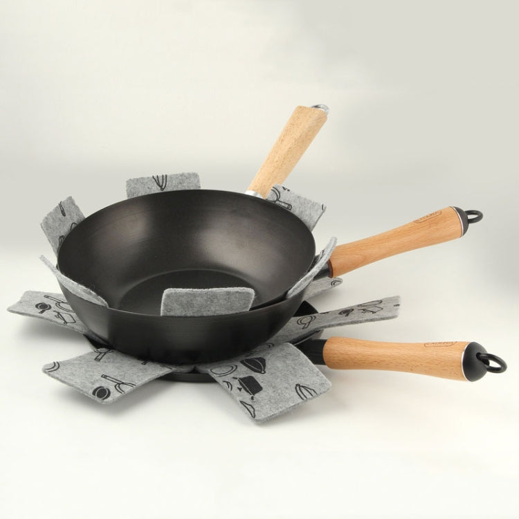 Gray felt pot bottom pads with kettle icon pattern under a frying pan with wooden handles