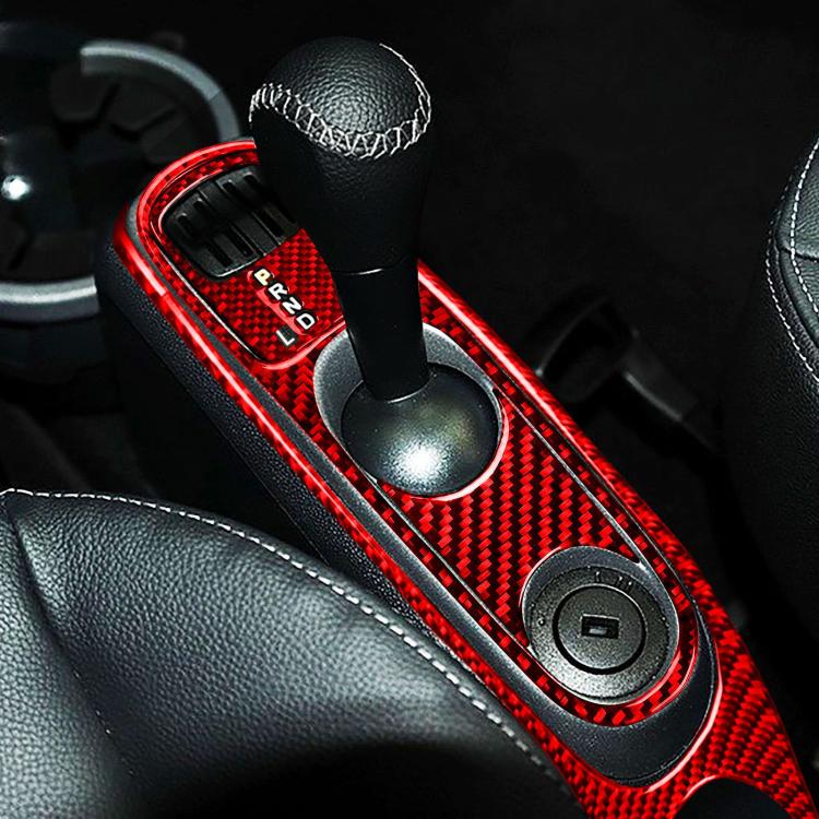 Gearshift and armrest sticker set, red carbon fiber trim with silver selector and button
