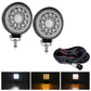 Pair of 4-inch round LED work lights with mounting bracket and wiring harness