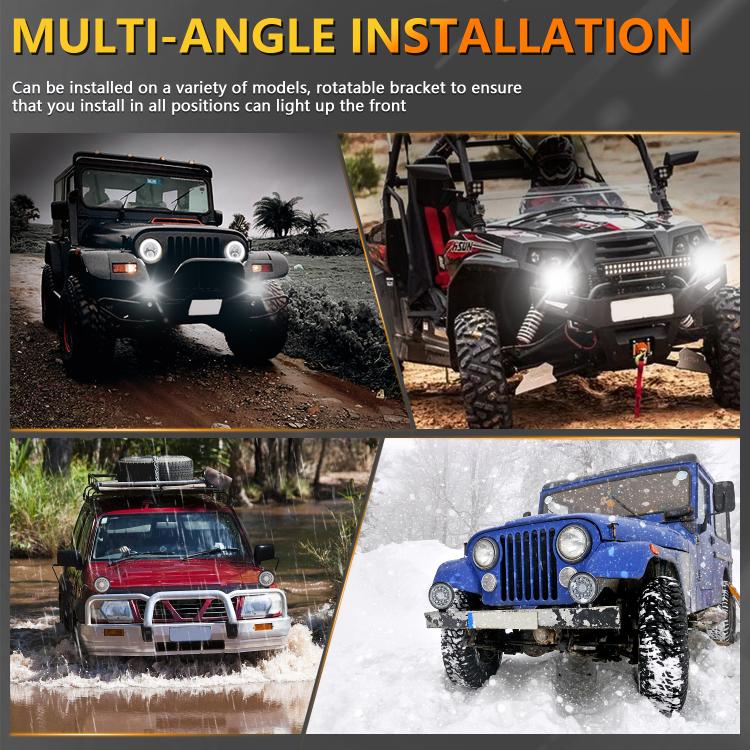 4-inch round LED work light mounted on off-road vehicles, front beams on