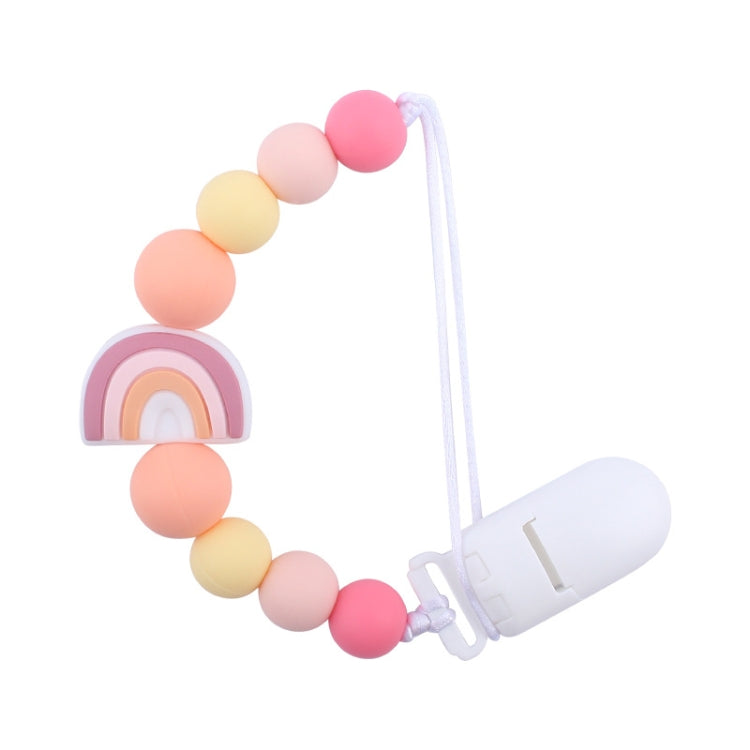 Rainbow-bead baby pacifier clip with pastel rainbow charm and white silicone holder