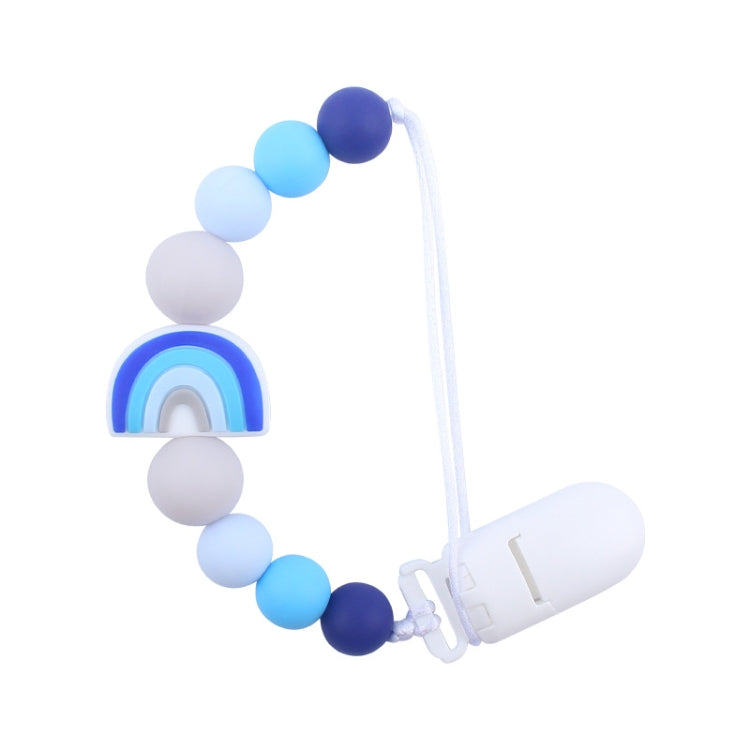 Blue-toned rainbow-bead baby pacifier clip with rainbow charm and white silicone holder