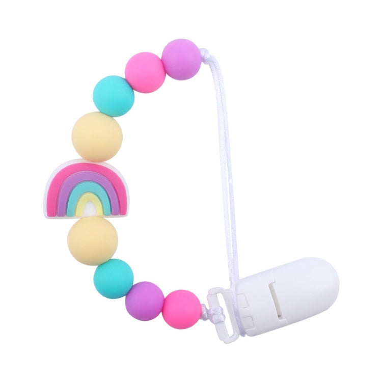 Pink and purple rainbow-bead baby pacifier clip with rainbow charm and white silicone holder