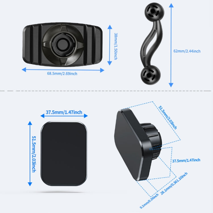 Black 360 car magnetic phone holder with size dimensions diagram