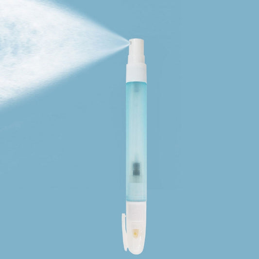 Blue alcohol spray touchless pen with white nozzle and cap, dispensing spray